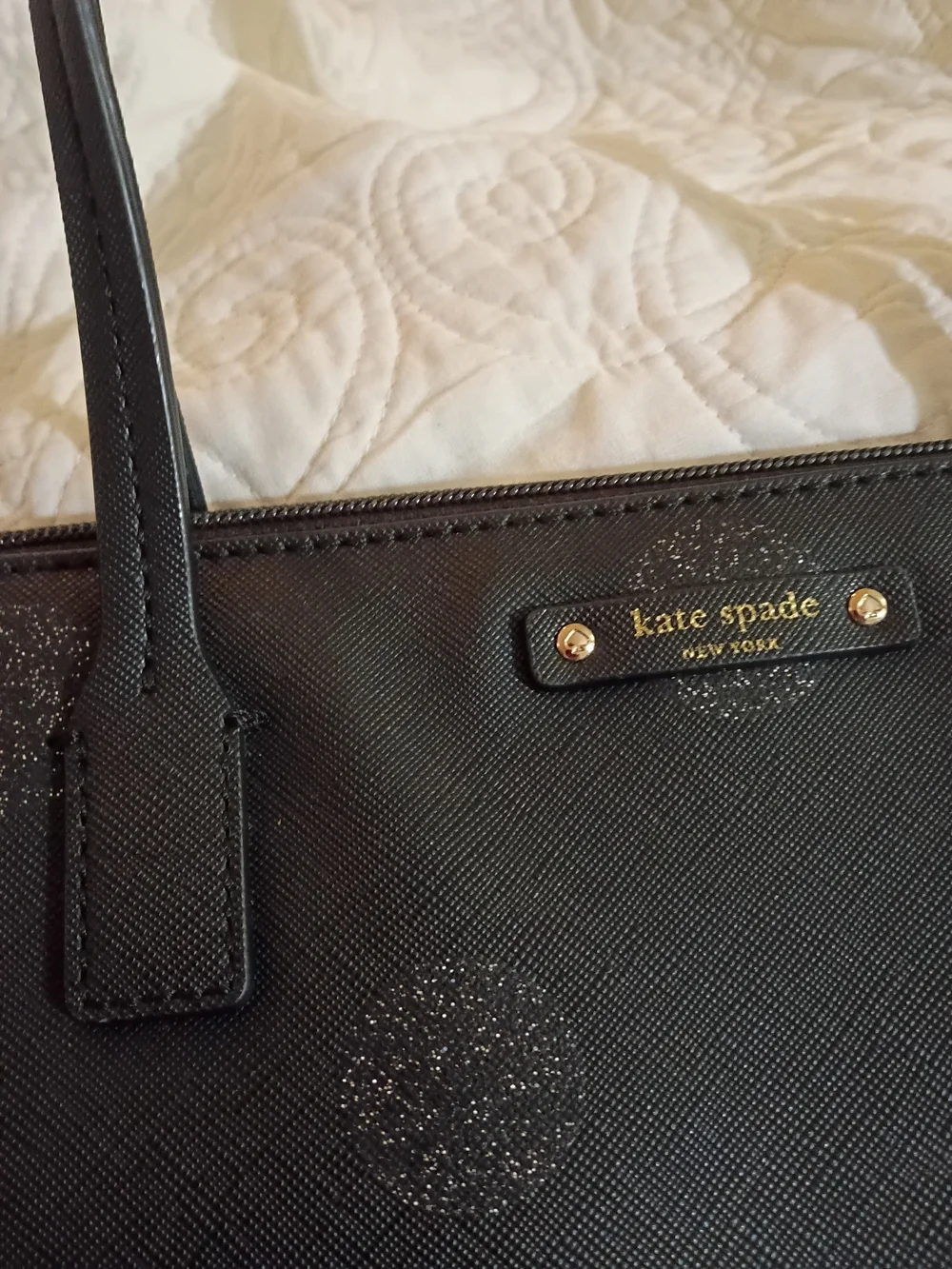 Kate Spade Black Glitter Dot Leather Tote Euc